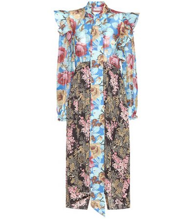 Pleated floral-printed silk dress