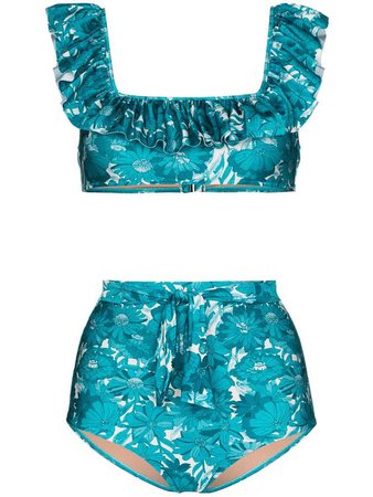 Adriana Degreas ruffle trim floral print bikini set - Blue