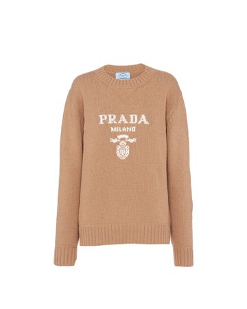 Camel Brown Cashmere and wool Prada logo crew-neck sweater | Prada