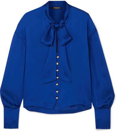 Pussy-bow Silk Blouse - Blue