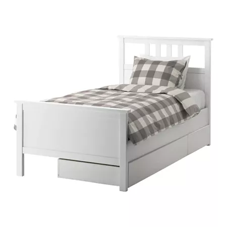 HEMNES Bed frame with 2 storage boxes - Luröy slatted bed base, white stain - IKEA