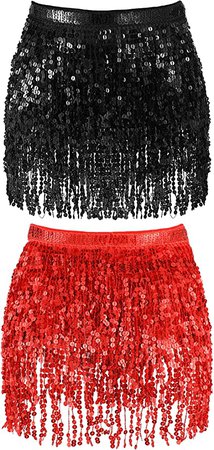 Amazon.com: 2 Pieces Sequin Tassel Skirt Belly Dance Hip Scarf Performance Outfit Sequins Skirt Belts Body Accessories for Women Girls (Black&Red) : Clothing, Shoes & Jewelry