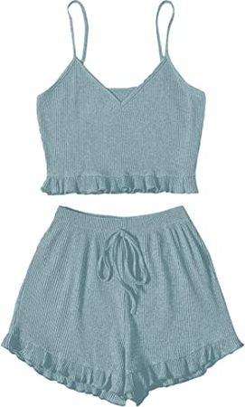 Light Blue Avanova Women's Pajama Set Ruffle Trim Cami Top and Shorts 2 Piece Sleepwear Set at Amazon Women’s Clothing store