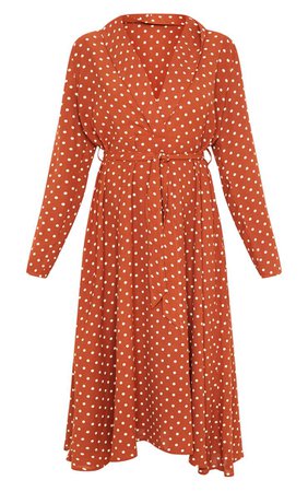 Terracotta Polka Dot V Neck Tie Waist Midi Dress | PrettyLittleThing USA