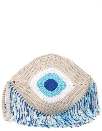 My Beachy Side - Elexis Evil Eye Fringed Clutch Bag - Womens - Blue Multi