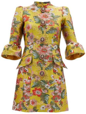 Fluted Sleeve Floral Brocade Mini Dress - Womens - Yellow Multi