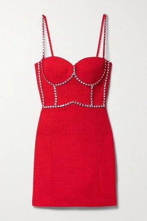 Crystal-embellished Wool-blend Tweed Mini Dress - Red