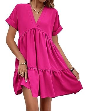 WDIRARA Women's Roll Up Short Sleeve V Neck Ruffle Hem Solid Swing Smock Dress Hot Pink M at Amazon Women’s Clothing store