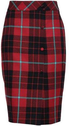 Button-detailed Checked Wool Pencil Skirt