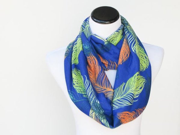 Infinity scarf royal blue feather print scarf soft jersey knit | Etsy
