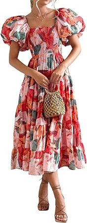 Costaric Women's Boho Flowy Dress One Shoulder Lantern Sleeves Smocked Midi Beach Dress Puff Sleeve A Line Tiered Dresses at Amazon Women’s Clothing store