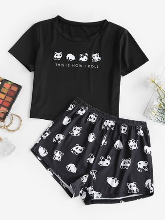 [32% OFF] 2021 Funny Letter Panda Two Piece Set In BLACK | ZAFUL