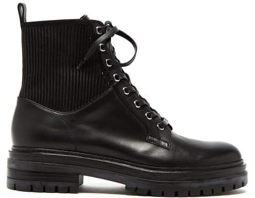 Ribbed Panel Lace Up Leather Boots - Womens - Black