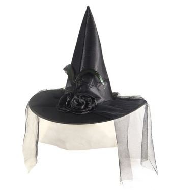 Black Satin Witch Hat With Feather, Flowers & Veil, Halloween Witches Fancy Dress - We're Partying Now Ltd
