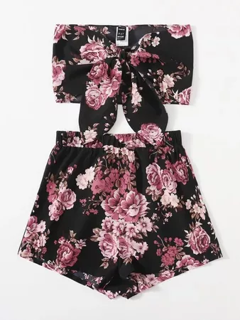 black Tie Front Floral Print Tube Top & Shorts Set | SHEIN USA