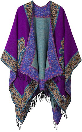 Women's Fashionable Retro Style Vintage Pattern Tassel Poncho Shawl Cape (series 2 Purple) at Amazon Women’s Clothing store