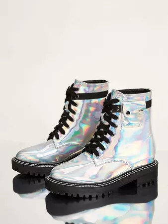 Holographic Lace Up Lug Sole Boots | ROMWE