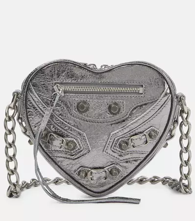 Le Cagole Heart Mini Leather Crossbody Bag in Silver - Balenciaga | Mytheresa