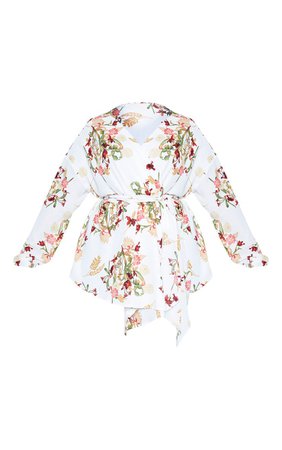 Plus White Floral Print Woven Tie Waist Blouse | PrettyLittleThing USA