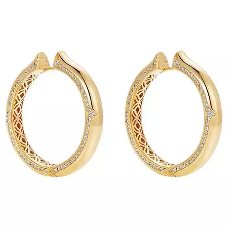 18 Karat Yellow Gold and White Diamonds Hoop Earrings For Sale at 1stDibs
