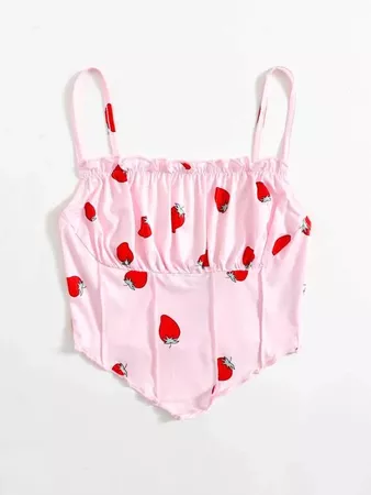 pink Strawberry Print Seam Front Asymmetrical Hem Cami Top | SHEIN USA
