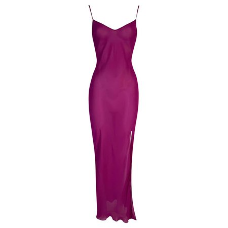 *clipped by @luci-her* S/S 2004 Christian Dior Sheer Magenta Hot Pink Silk Plunging Slip Dress w Slit For Sale at 1stDibs