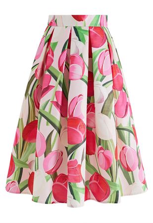 Lustrous Metallic Tulip Printed Midi Skirt - Retro, Indie and Unique Fashion