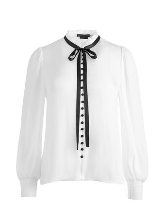 Zina Button Down Neck Tie Blouse In Off White/black | Alice And Olivia
