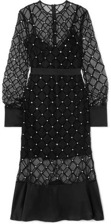 Satin-trimmed Crystal-embellished Flocked Tulle Midi Dress - Black