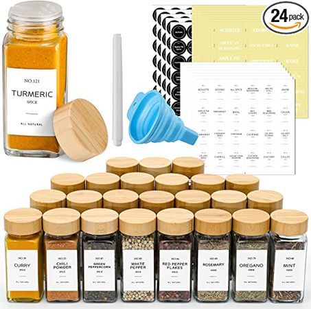 Amazon.com: NETANY 24 Pcs Spice Jars with Labels - 4 oz Glass Spice Jars with Bamboo Lids, Minimalist Farmhouse Spice Labels Stickers, Collapsible Funnel, Seasoning Storage Bottles for Spice Rack, Cabinet, Drawer: Home & Kitchen