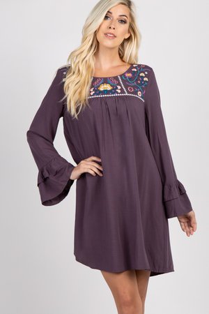 Charcoal Embroidered Ruffle Sleeve Dress