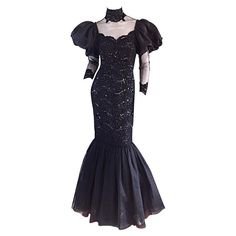 This Amazing 1980s Alfred Bosand Couture Black Silk Lace Beaded Mermaid Dress