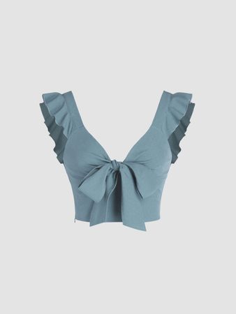 Solid V-neck Ruffle Knotted Crop Top - Cider