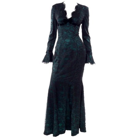 Vintage Thierry Mugler Long Green Silk Evening Dress W Black Velvet Lace For Sale at 1stDibs