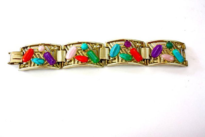Vintage 50s Jewel Bracelet Goldtone Metal Link Bracelet Open | Etsy