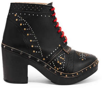 Studded Leather Ankle Boots - Black