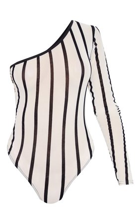 Black One Shoulder Mesh Velvet Stripe Bodysuit | PrettyLittleThing