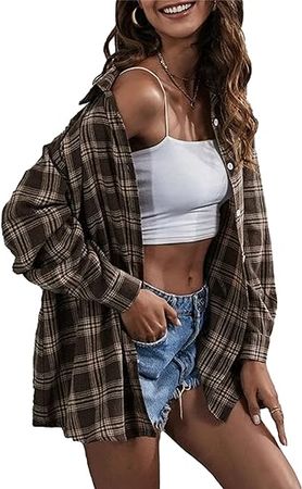 Bozanly Flannel Buffalo Plaid Shirts for Women Oversized Button Down Shacket Blouse Tops(0001-Brown-S) at Amazon Women’s Clothing store