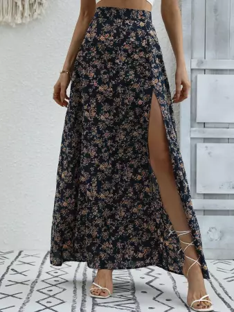 High Waist Floral Print Slit Skirt | SHEIN USA