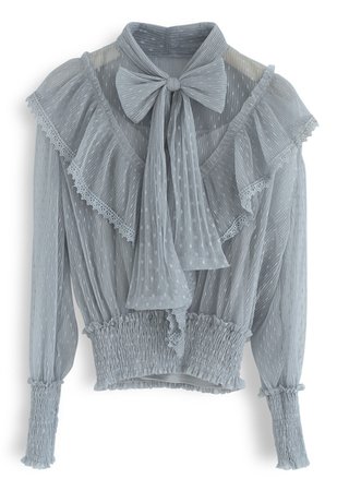 All We Know Bowknot Ruffle Mesh Top in Dusty Blue - NEW ARRIVALS - Retro, Indie and Unique Fashion