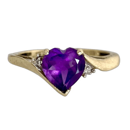1990s Vintage Amethyst, Diamond, and 10K Gold Heart Ring