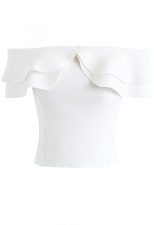 Off-Shoulder Tiered Cropped Knit Top in White - NEW ARRIVALS - Retro, Indie and Unique Fashion