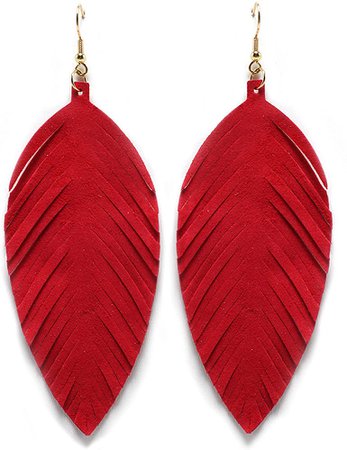 Amazon.com: Miracle Collection Large Genuine Soft Leather Handmade Fringe Feather Lightweight Tear Drop Dangle Color Earrings for Women Girls Fashion (Red): Clothing