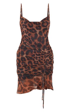 Brown Mesh Leopard Print Ruched Bodycon Dress