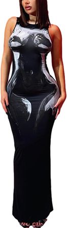 Amazon.com: Women Y2K Graphic Sleeveless Maxi Dress E-Girls Crew Neck Bodycon Slim Dress Going Out Streetwear : Clothing, Shoes & Jewelry