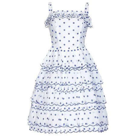 Vintage 1950s French Couture Dress in White and Blue Polkadot Organza For Sale at 1stdibs