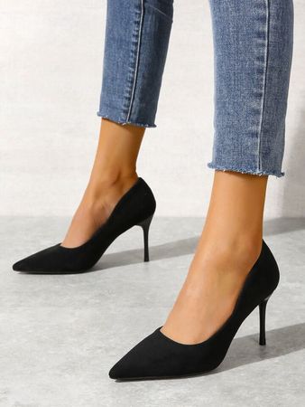 Minimalist Point Toe Stiletto Heeled Faux Suede Court Pumps, Black Elegant Solid Color High Heels | SHEIN