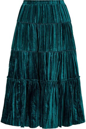 Tiered Plissé-velvet Midi Skirt - Blue
