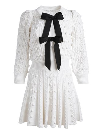 Alice and Olivia Kitty Puff Sleeve Sweater Dress In Soft White/black