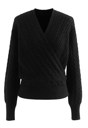Cable Knit Wrap Front Crop Sweater in Black - Retro, Indie and Unique Fashion